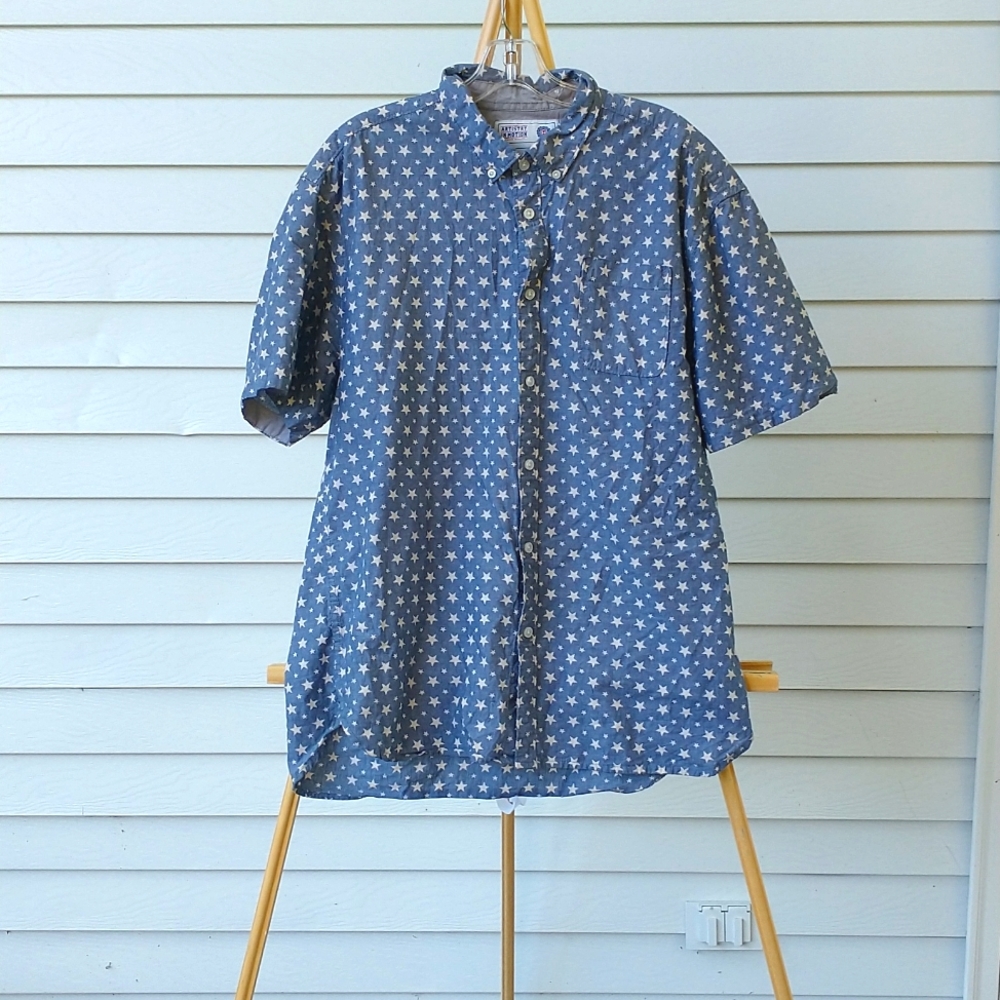 Vintage Artistry in Motion Blue Star Print Button Down 100% Cotton Size XL